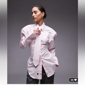 ASOS baby pink cinch waist shirt with shoulder pads and tie